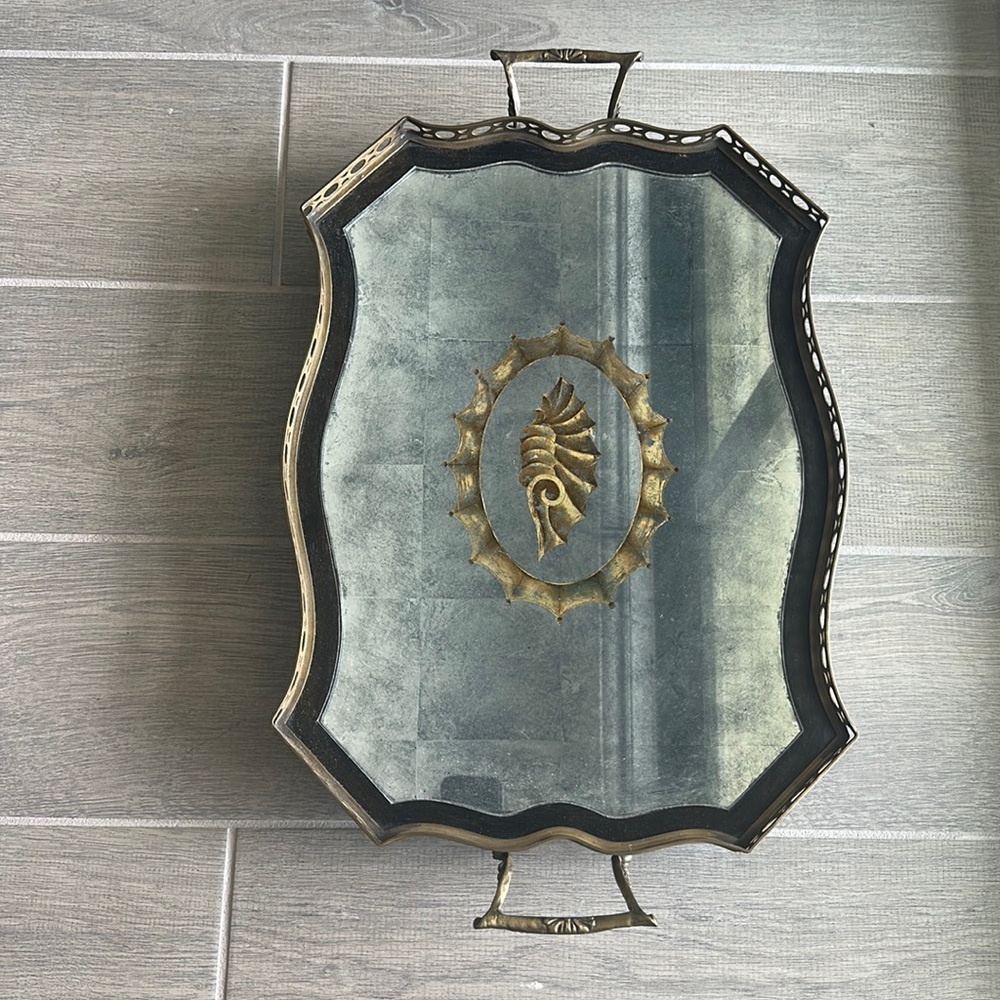 Large John Richard Silver Leaf Mirror and Brass Handled Frame Serving Tray